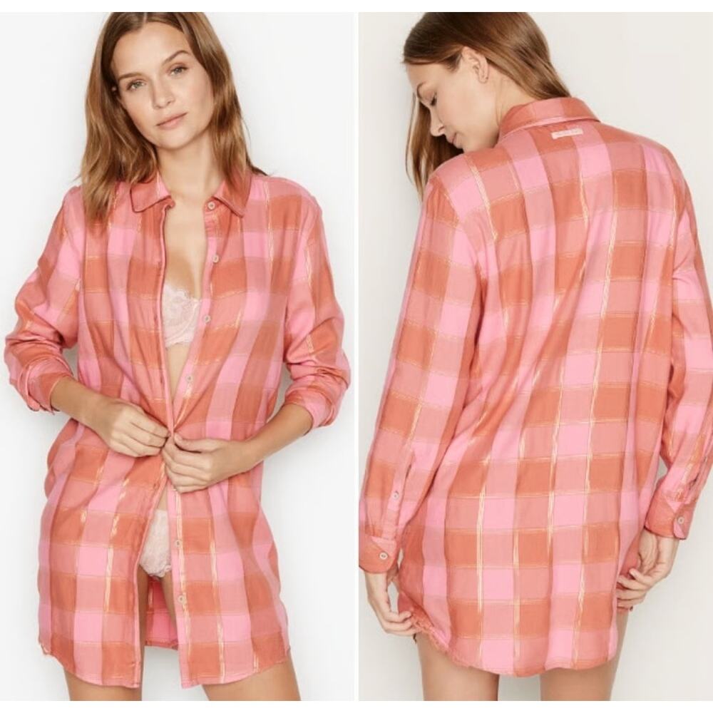 Victoria's Secret Plaid Flannel Sleep Shirt Pajama Top Pink Gold Women's Size M